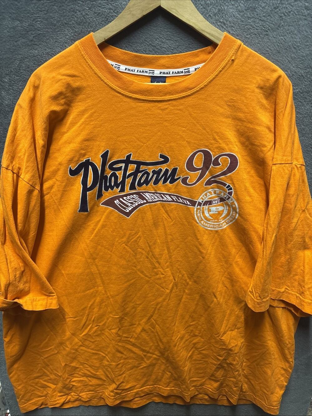 Vintage Y2K Era Phat Farm Shirt Size 2XL Orange Front Logo 99577 Made In USA